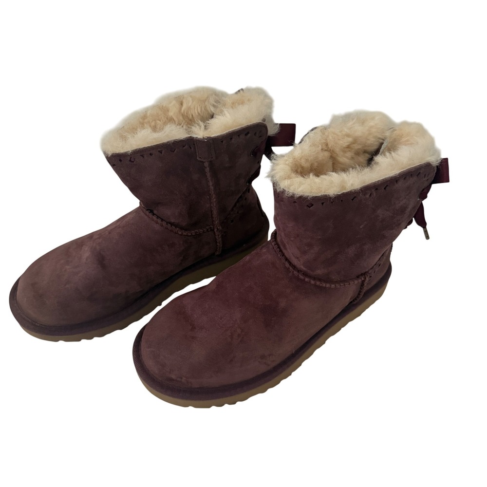 UGG Australia Womens Dixie Flora Bow Sheepskin Suede Burgundy Size 7